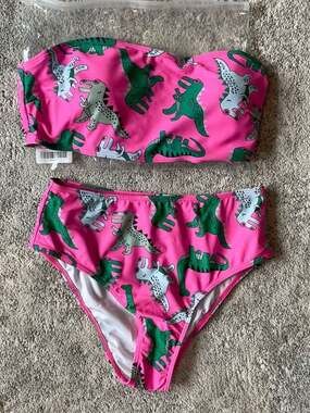 BMWT Neon Pink Dinosaur Print Bandeau High Waist Bikini Set